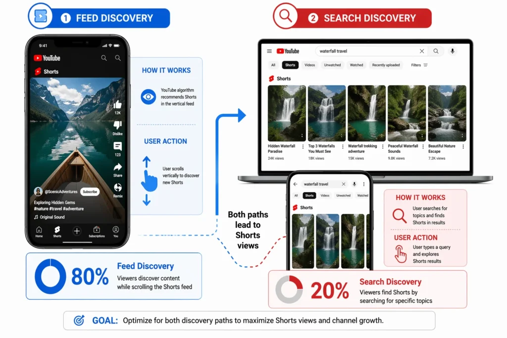 Diagram showing YouTube Shorts discovery methods - feed scrolling on left versus search results on right for SEO optimization