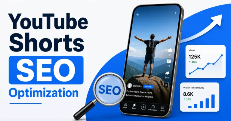 Professional feature image showing YouTube Shorts icon on smartphone screen with "YouTube Shorts SEO Optimization" text and growth analytics elements representing video discoverability strategy