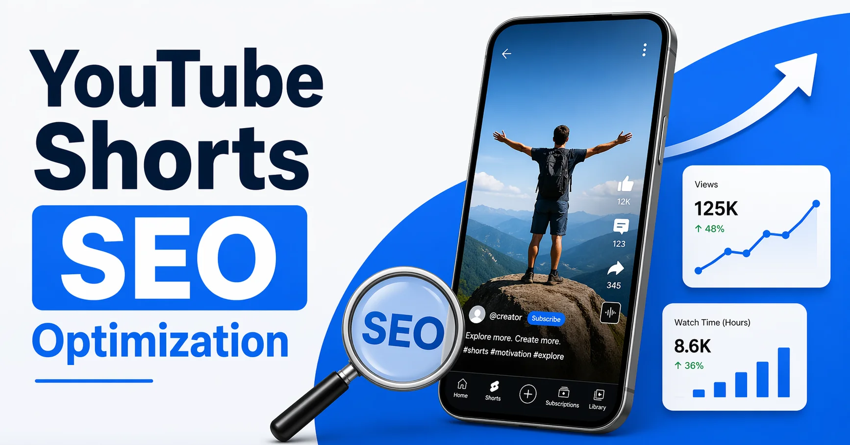 Professional feature image showing YouTube Shorts icon on smartphone screen with "YouTube Shorts SEO Optimization" text and growth analytics elements representing video discoverability strategy