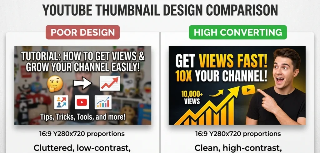 Before and after comparison showing poor vs high-converting YouTube thumbnail design with contrast and readability principles