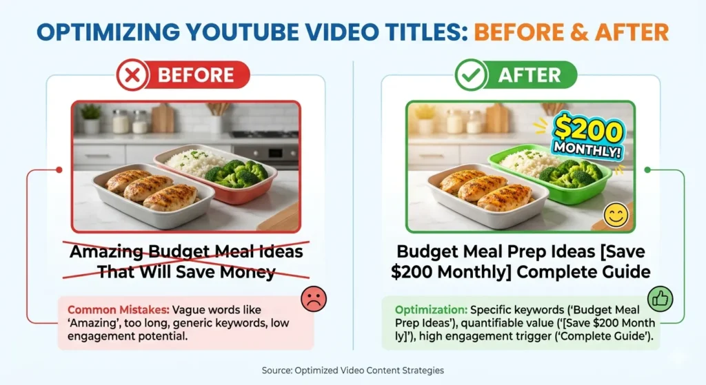 Before and after comparison showing YouTube video title optimization with keyword-first strategy and compelling modifiers