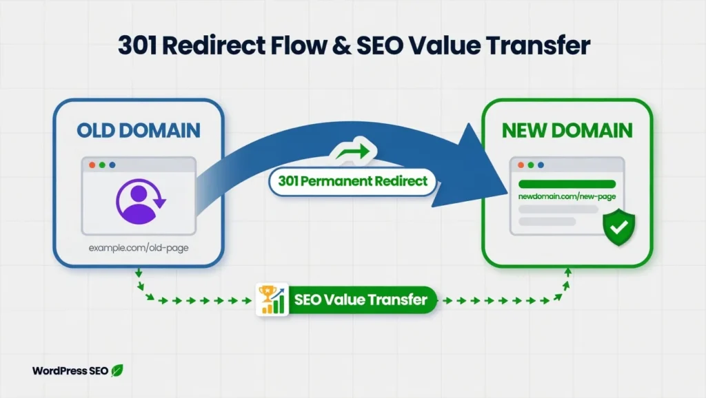 Diagram showing how 301 redirects transfer visitors and SEO value from old WordPress domain to new domain