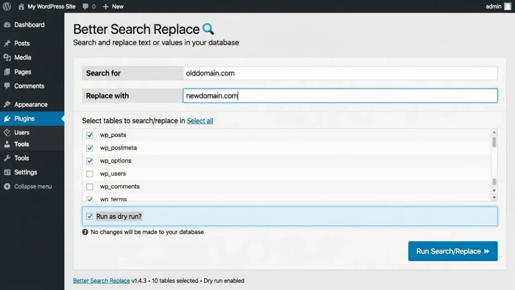 Better Search Replace plugin showing search and replace fields for WordPress domain migration with dry run option checked