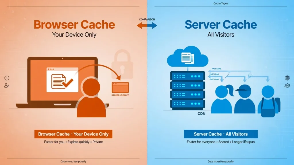 Comparison infographic showing browser cache affects individual devices
while server cache affects all website visitors