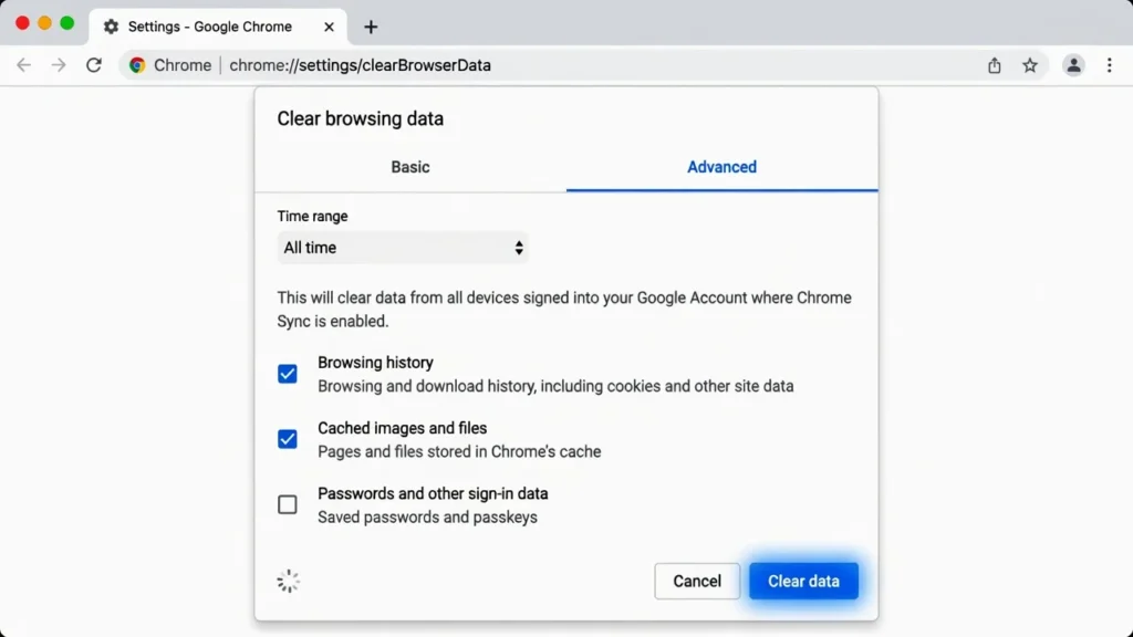Chrome browser "Clear browsing data" dialog showing Advanced tab with Time range set to All time and Clear data button highlighted