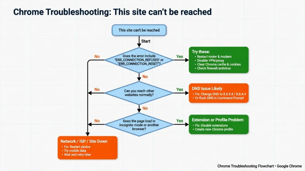 Decision tree flowchart for diagnosing the Chrome "this site can't be reached" error using three quick tests to identify the root cause