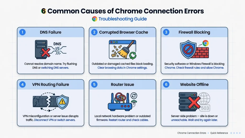 Infographic showing 6 causes of the Chrome "this site can't be reached" error including DNS failure, cache corruption, firewall blocking, VPN issues, router problems, and site downtime