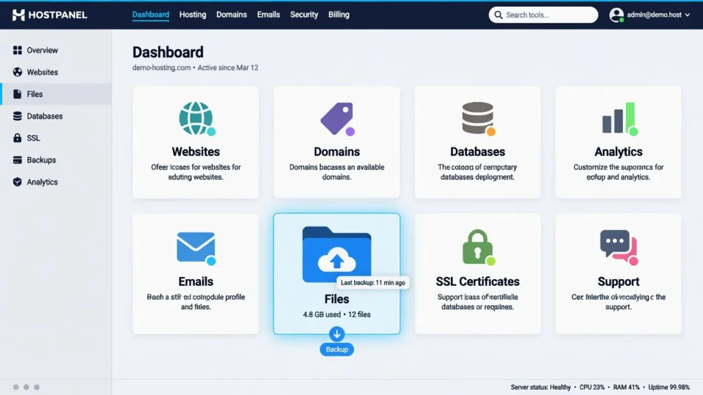 Stylized cPanel hosting dashboard showing the Backup Wizard icon highlighted in the Files section for creating a manual WordPress site backup