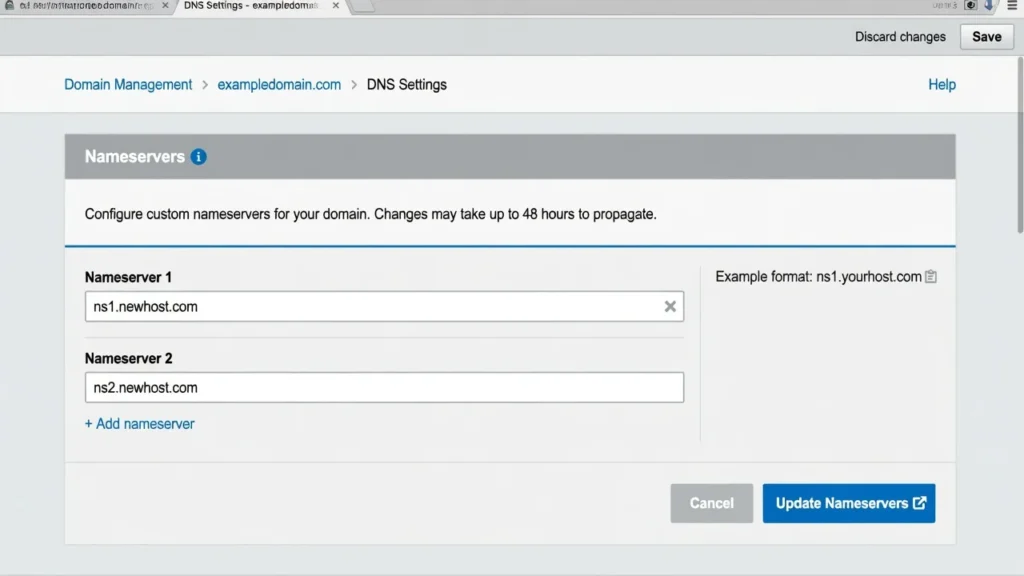 Domain registrar DNS management screen showing nameserver fields for updating WordPress hosting provider