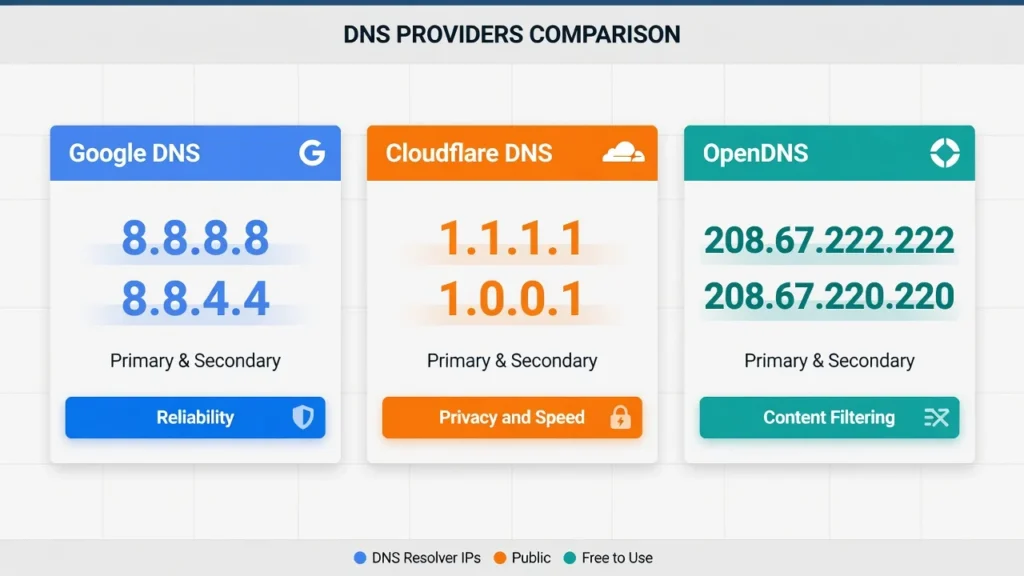 Comparison infographic of Google DNS, Cloudflare DNS, and OpenDNS showing their IP addresses and key differences for fixing Chrome connection errors
