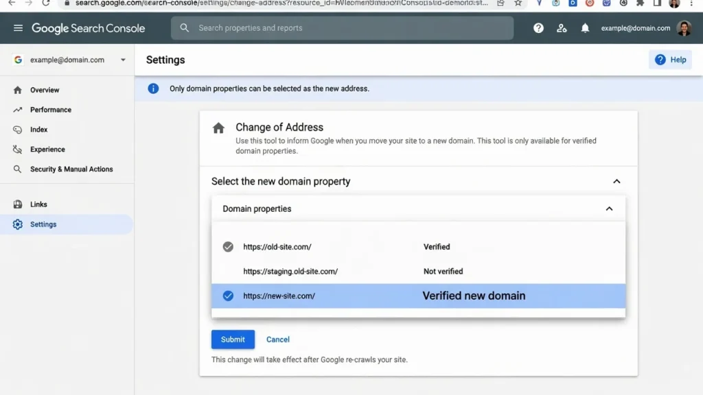 Google Search Console Change of Address tool interface for WordPress domain migration SEO preservation