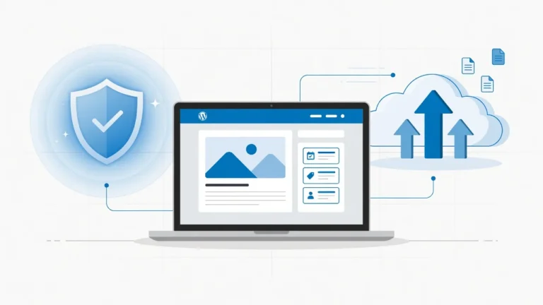 Illustration showing a WordPress website on a laptop protected by a cloud backup shield representing site data protection
