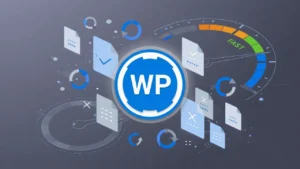 WordPress cache clearing illustration showing WP logo with layered cache files and refresh arrows representing cache management