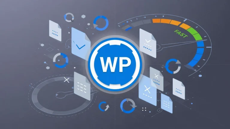 WordPress cache clearing illustration showing WP logo with layered cache files and refresh arrows representing cache management