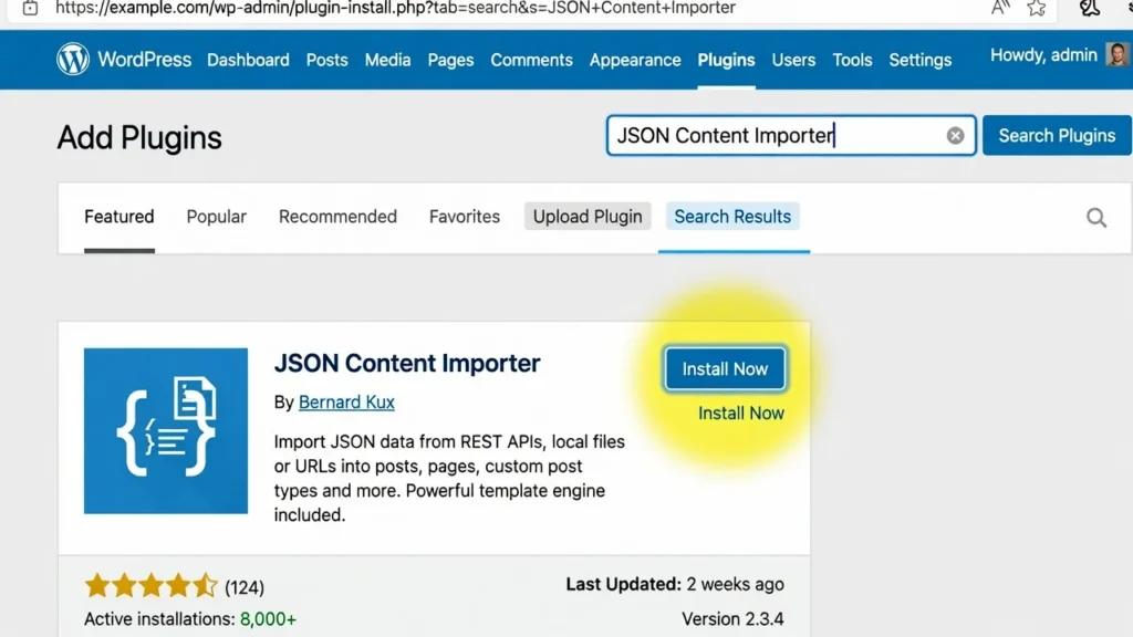 WordPress plugin installation screen showing JSON Content Importer plugin with Install Now button