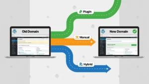 Step-by-step diagram showing three methods for moving a WordPress blog to a new domain including plugin, manual, and hybrid migration approaches