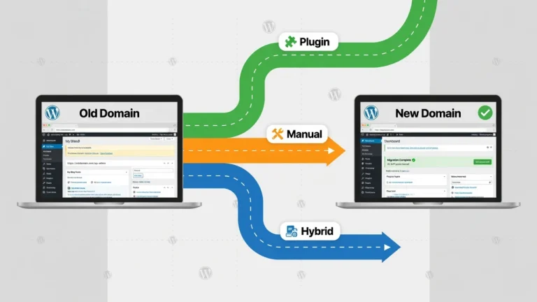 Step-by-step diagram showing three methods for moving a WordPress blog to a new domain including plugin, manual, and hybrid migration approaches