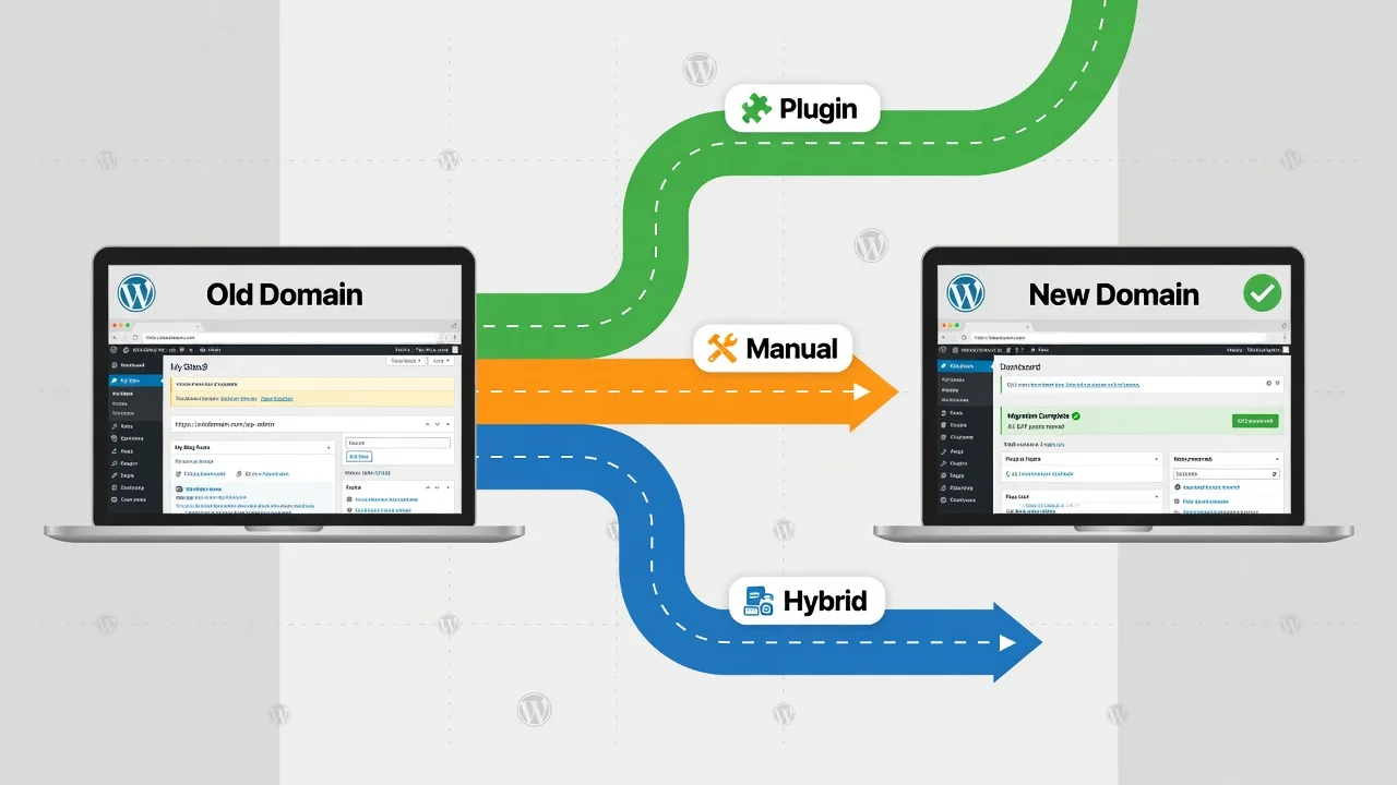 Step-by-step diagram showing three methods for moving a WordPress blog to a new domain including plugin, manual, and hybrid migration approaches