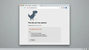 Google Chrome browser showing "This site can't be reached" error page with ERR_CONNECTION_REFUSED code and dinosaur icon