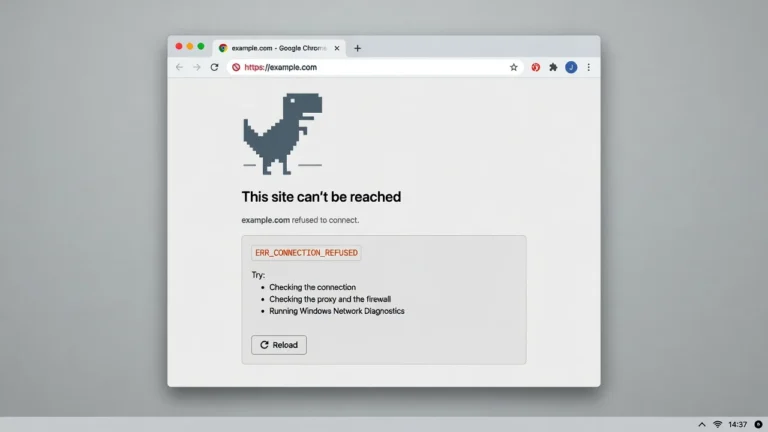 Google Chrome browser showing "This site can't be reached" error page with ERR_CONNECTION_REFUSED code and dinosaur icon