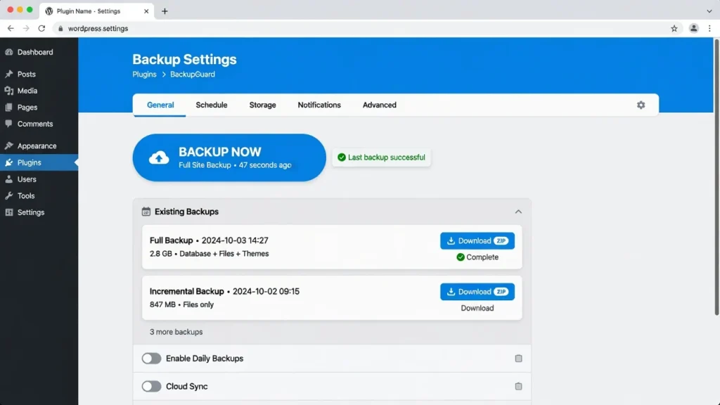 UpdraftPlus WordPress backup plugin settings page showing the Backup Now button and Existing Backups section in the WordPress admin dashboard