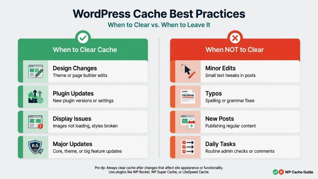 Comparison chart showing when to clear WordPress cache versus when
clearing is unnecessary for optimal performance