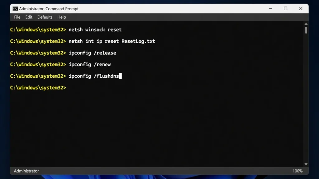 Windows Command Prompt window showing the five network reset commands including winsock reset, IP reset, ipconfig release, renew, and flushdns