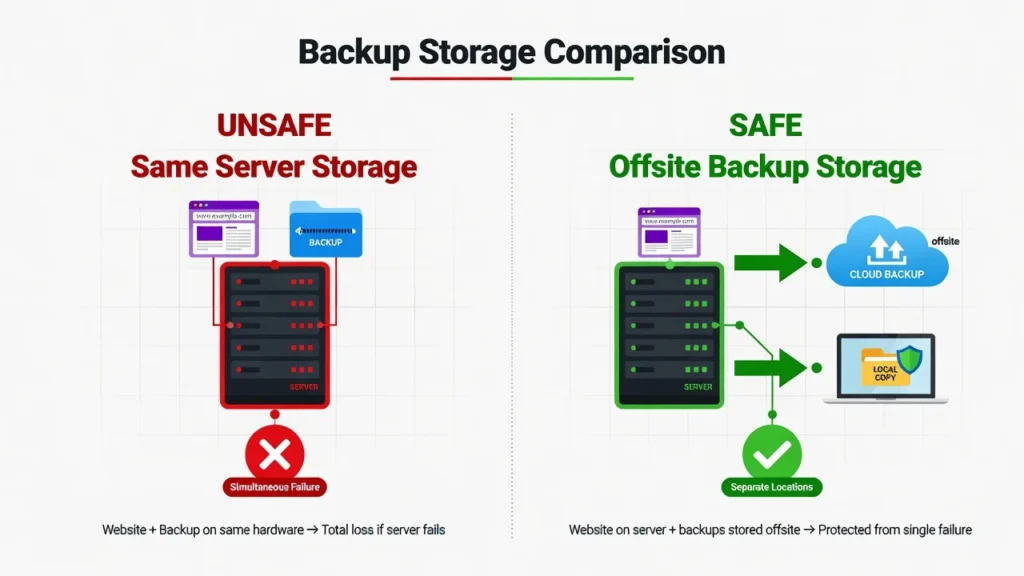 Diagram comparing unsafe same-server WordPress backup storage on the left with safe offsite cloud storage options on the right showing Google Drive and local computer