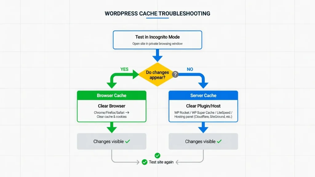 Flowchart showing how to diagnose WordPress cache issues using Incognito
Mode test to identify browser vs server cache problems
