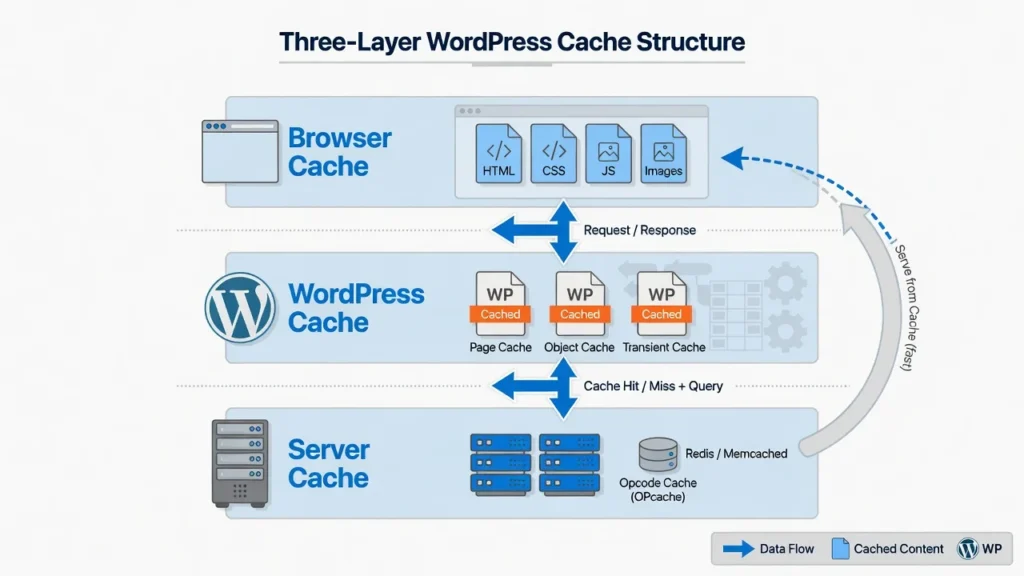 Diagram showing three WordPress cache layers: browser cache, WordPress
cache, and server cache with connecting arrows
