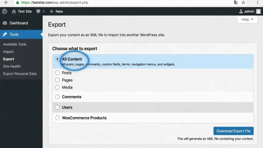 WordPress Tools Export page with All Content option selected and Download Export File button visible