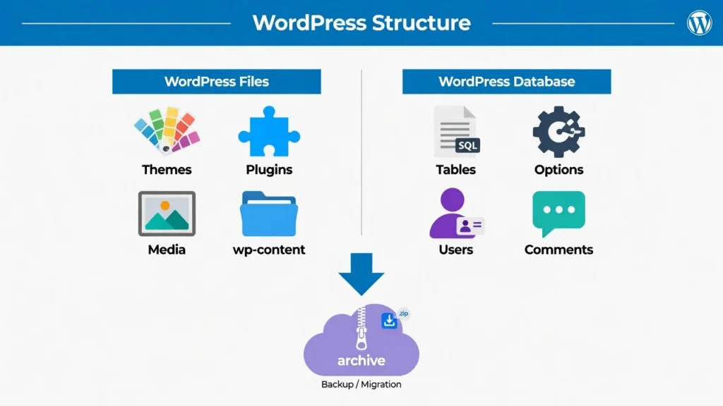 Diagram showing the two components of a WordPress backup: site files including themes and plugins on the left and the database containing posts and settings on the right