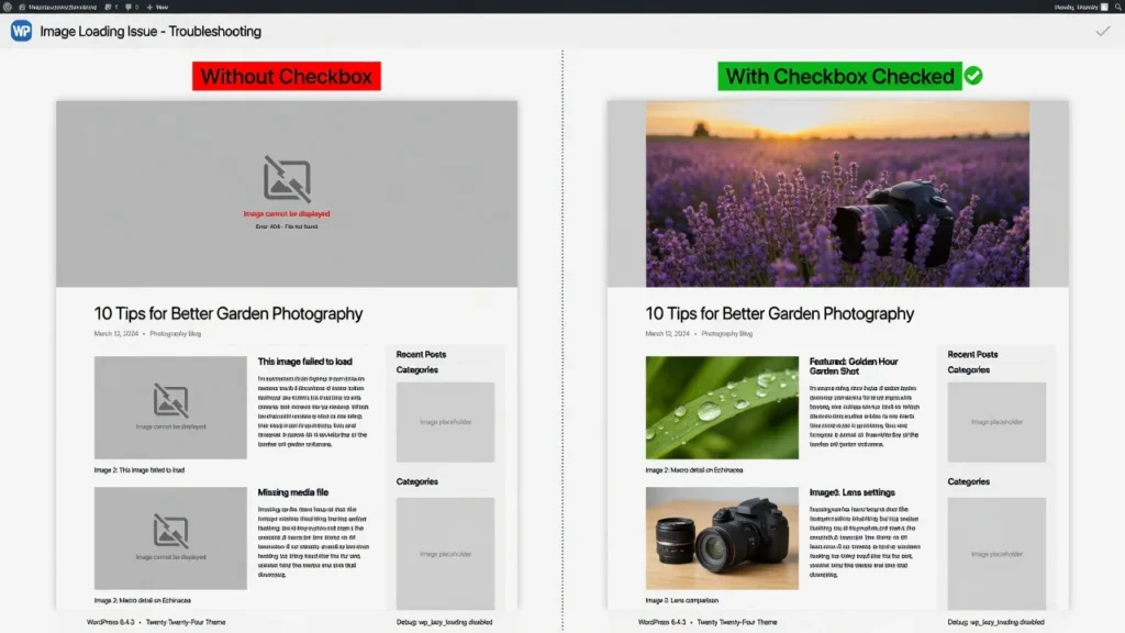 Before and after comparison showing WordPress post with broken image placeholders versus correctly imported images