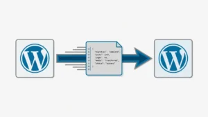 Illustration showing WordPress JSON content import process from one website to another with data transfer arrows
