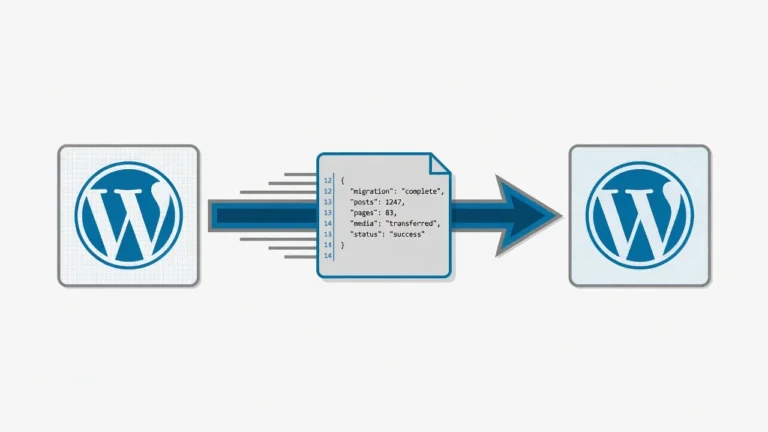 Illustration showing WordPress JSON content import process from one website to another with data transfer arrows