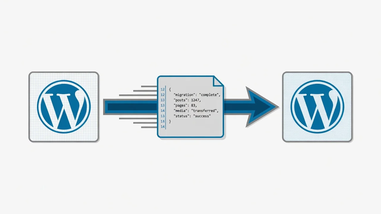 Illustration showing WordPress JSON content import process from one website to another with data transfer arrows