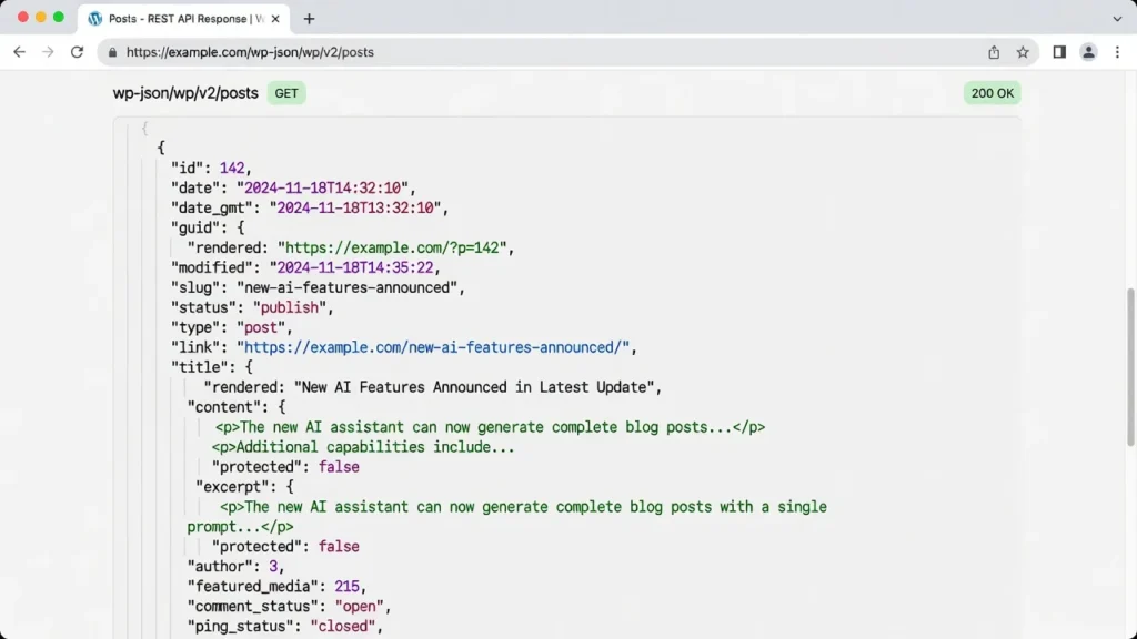 Browser displaying WordPress REST API JSON response showing post data array from wp-json endpoint
