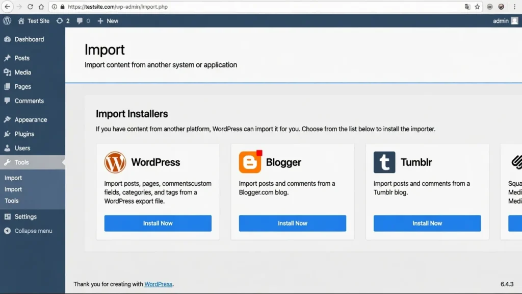 WordPress admin dashboard Tools Import screen showing available importers but no JSON import option