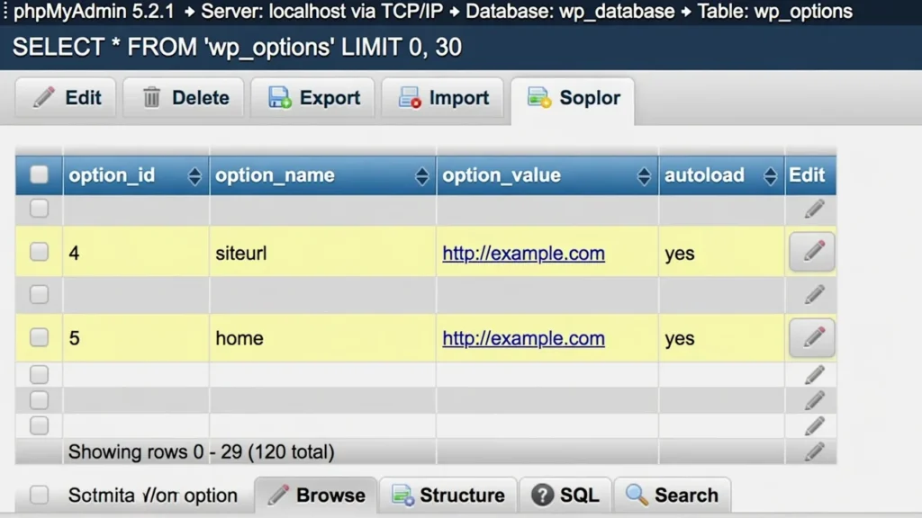 phpMyAdmin wp_options table showing siteurl and home fields that need updating during WordPress domain migration